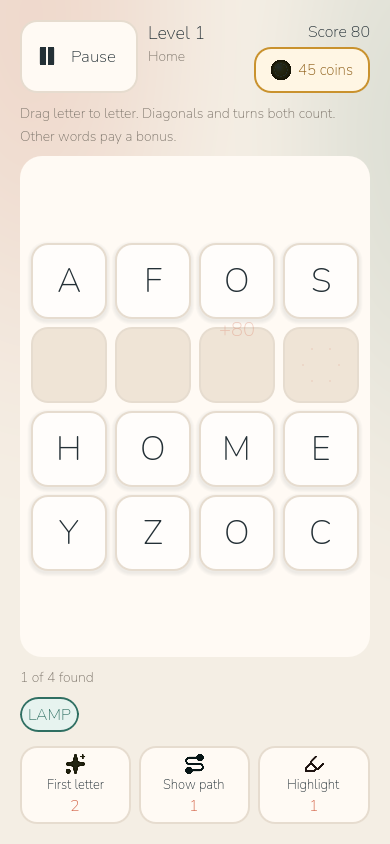 The puzzle board after finding the word LAMP, with cleared letter tiles and the score updated.