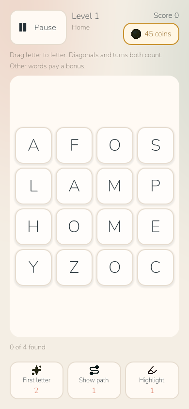 A word puzzle in progress with a four-by-four letter grid and tools for finding letters and paths.
