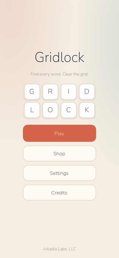 The Gridlock title screen with a letter grid and Play, Shop, Settings, and Credits buttons.