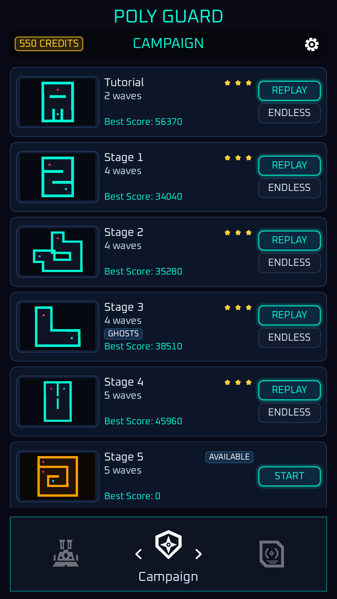 The campaign screen listing stages, best scores, and replay buttons.